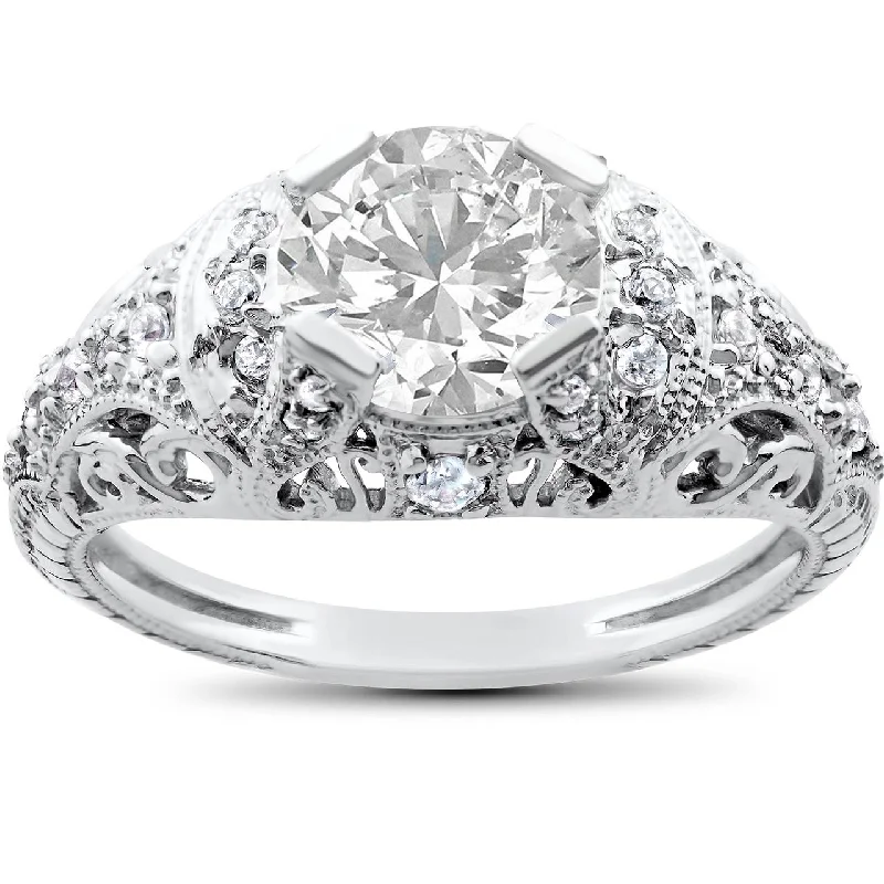 women elegant engagement rings -Vintage Enhanced Diamond Engagement Ring 1 1/5ct 14K White Gold