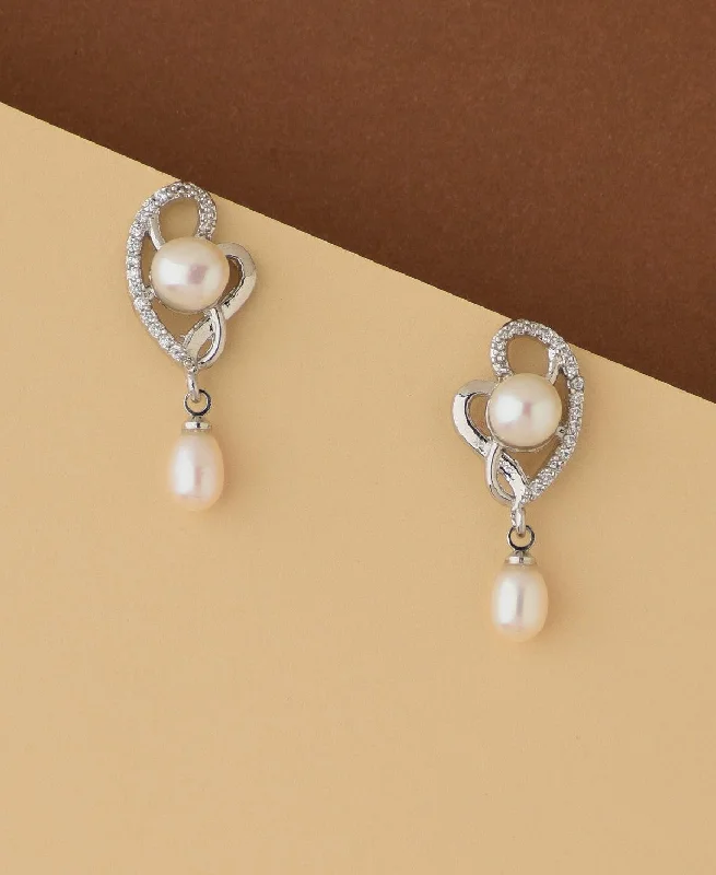 women gemstone stud earrings -Heart Pearl Hang Earring