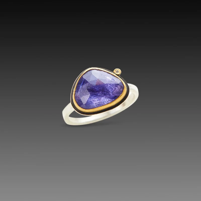 women gemstone rings -Rose Cut Tanzanite Ring with Diamond Dot