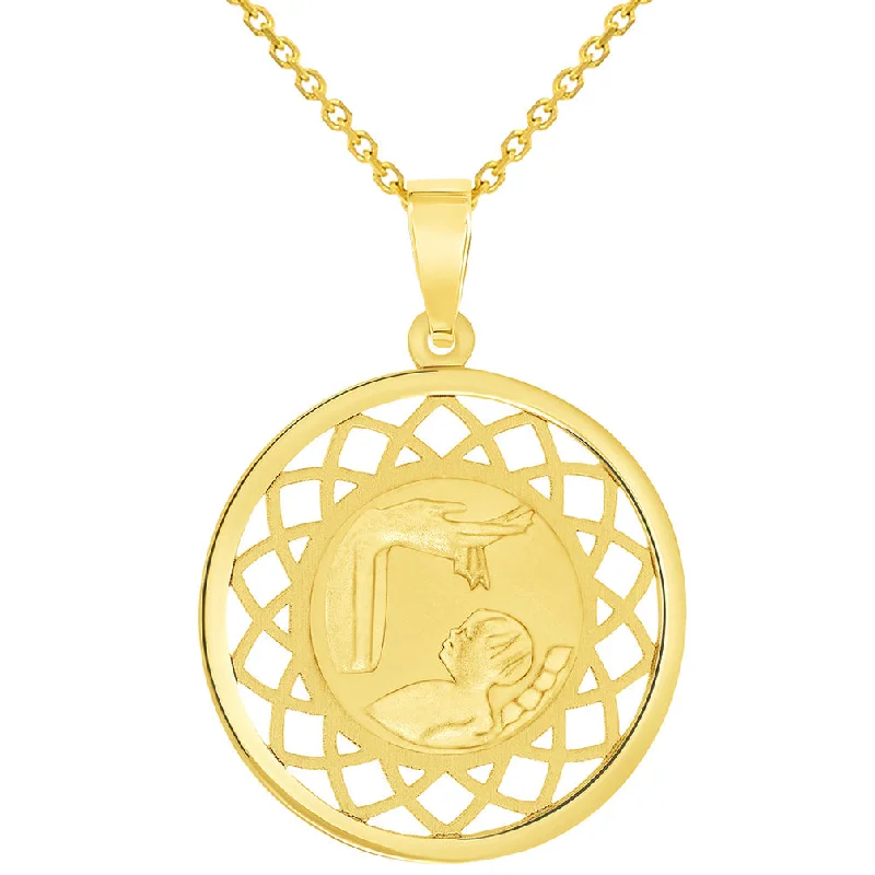 women vintage necklaces -14k Yellow Gold Religious Baptism Christening On Round Open Ornate Pendant Necklace