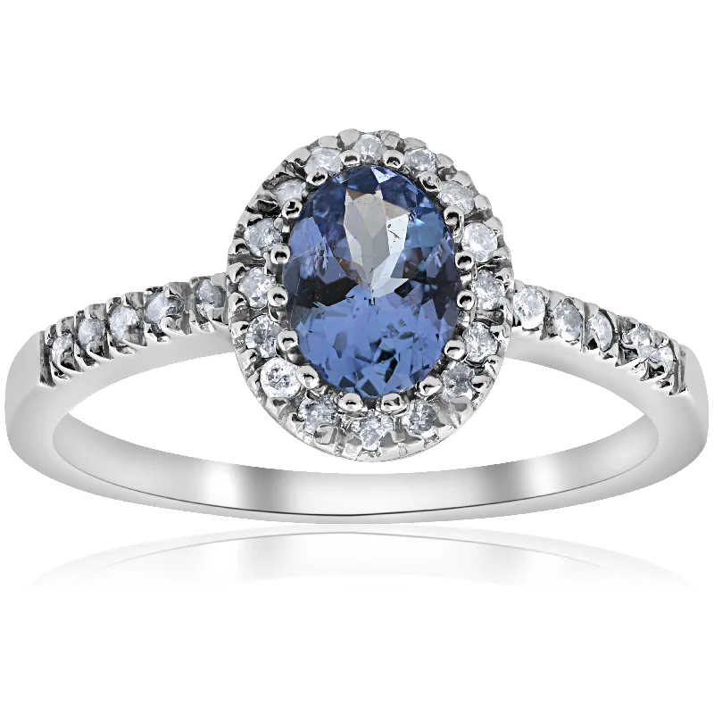 women blue sapphire engagement rings -Oval Tanzanite Halo Diamond Ring 10K White Gold