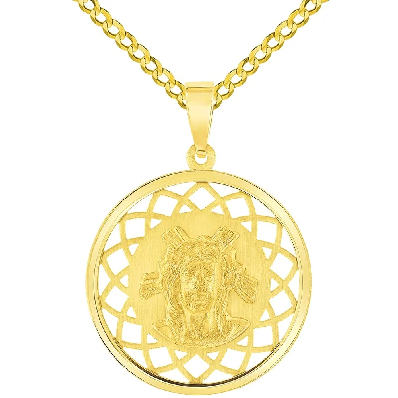 women rope necklaces -14k Yellow Gold Holy Face of Jesus Christ On Round Open Ornate Miraculous Medal Pendant with Cuban Chain Curb Necklace