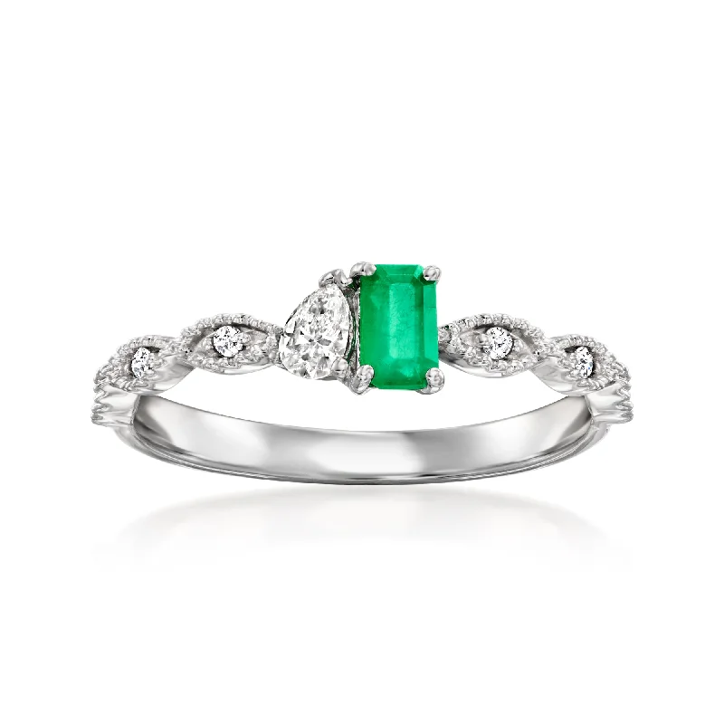 women halo engagement rings -Ross-Simons Emerald and . Diamond Toi Et Moi Ring With Diamond Accents in 14kt White Gold