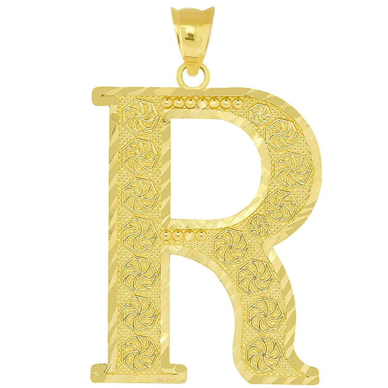 women matching necklaces -14k Yellow Gold Textured Uppercase Initial R Letter Pendant with Eternity Symbols 1 inch