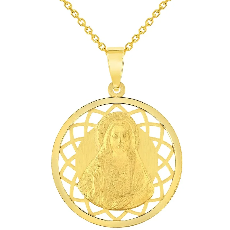 women gold plated necklaces -14k Yellow Gold Sacred Heart of Jesus Christ On Round Ornate Miraculous Medal Pendant Necklace