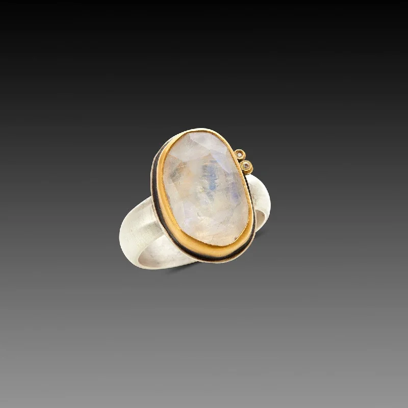 women solitaire rings -Organic Rainbow Moonstone Ring with Diamonds