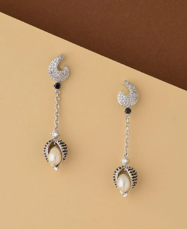 women fine gold earrings -Leaf Real Pearl Hang Earring