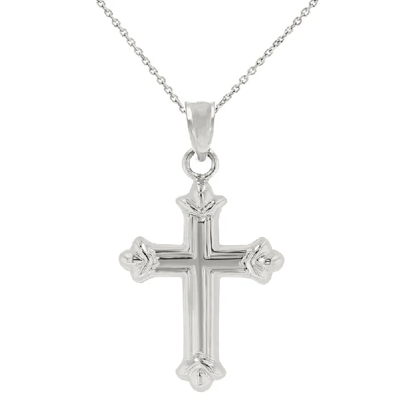 women artistic necklaces -Dainty 14k White Gold Fleur de Lis Cross Charm Pendant Necklace