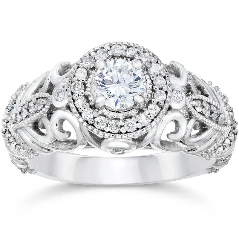 women designer engagement rings -3/4ct Vintage Diamond Engagement Ring 14K White Gold