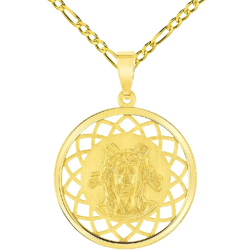 women short necklaces -14k Yellow Gold Holy Face of Jesus Christ On Round Open Ornate Miraculous Medal Pendant with Figaro Chain Necklace