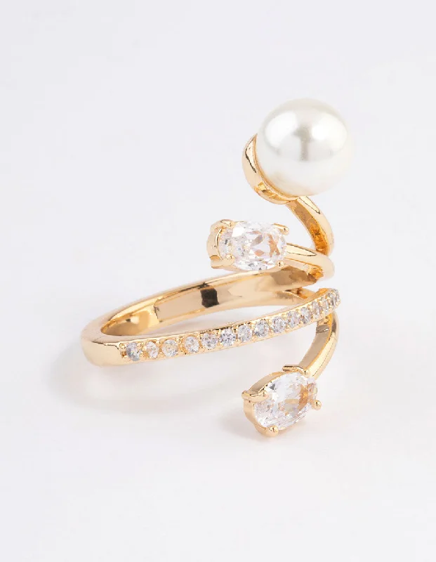 women engagement rings with side stones -Gold Plated Flare Pearl Ring