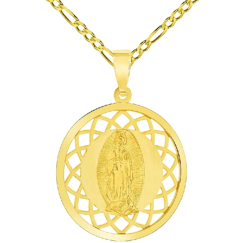 women engraved gold necklaces -14k Yellow Gold Round Open Ornate Miraculous Medal of Our Lady of Guadalupe Pendant with Figaro Chain Necklace