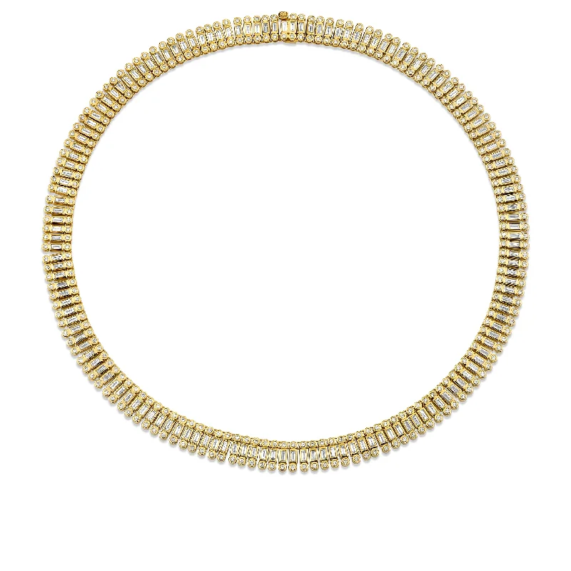 women bridal gold necklaces -Gold & Diamond Stacked Baguette and Round Bezel Necklace