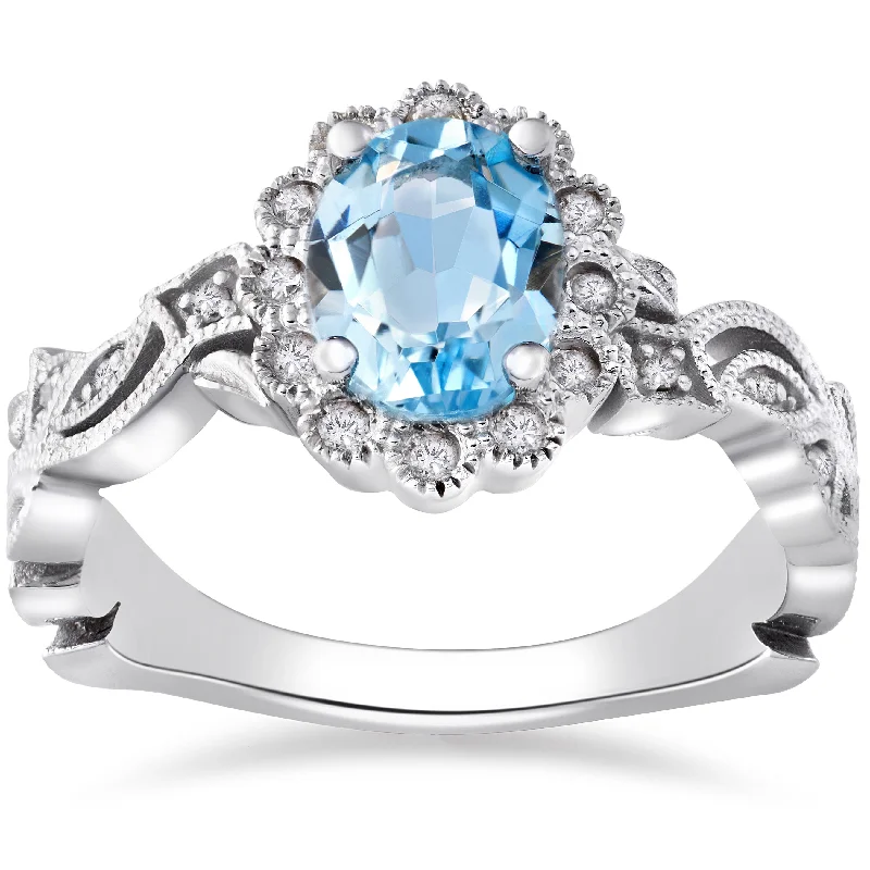 women ruby engagement rings -1 ct Oval Blue Topaz & Diamond Vintage Halo Vine Petal Ring 14k White Gold