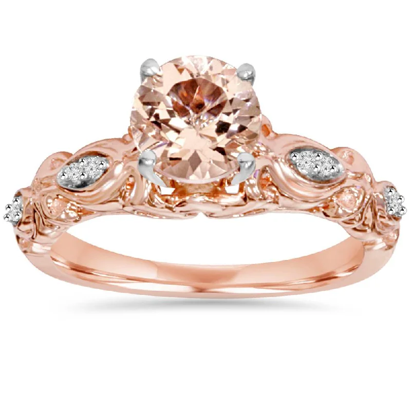 women rose gold engagement rings -1 Carat Morganite & Diamond Vintage Ring 14K Rose Gold