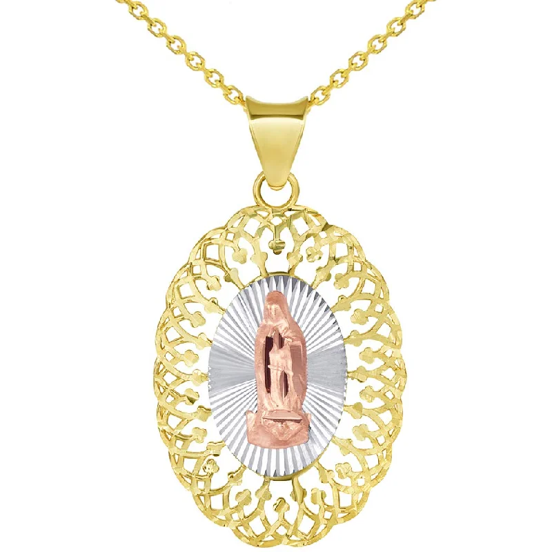 women fancy necklaces -Solid 14k Tri-Color Gold Oval Our Lady of Guadalupe Medallion Pendant Necklace