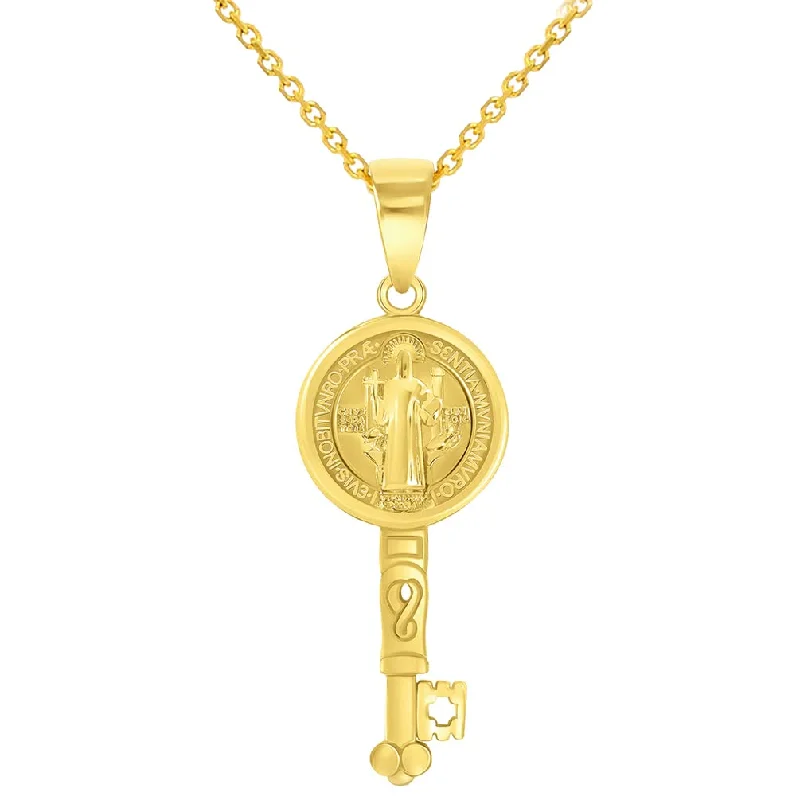 women gold chain necklaces -Solid 14k Yellow Gold Reversible Saint Benedict Key Charm Pendant with Rolo Cable, Curb Cuban, or Figaro Chain Necklace