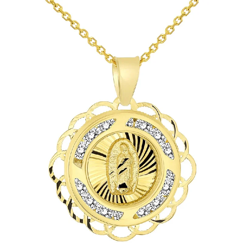 women engraved gold necklaces -14k Yellow Gold Round CZ Religious Our Lady of Guadalupe Mary Medal Charm Pendant Necklace