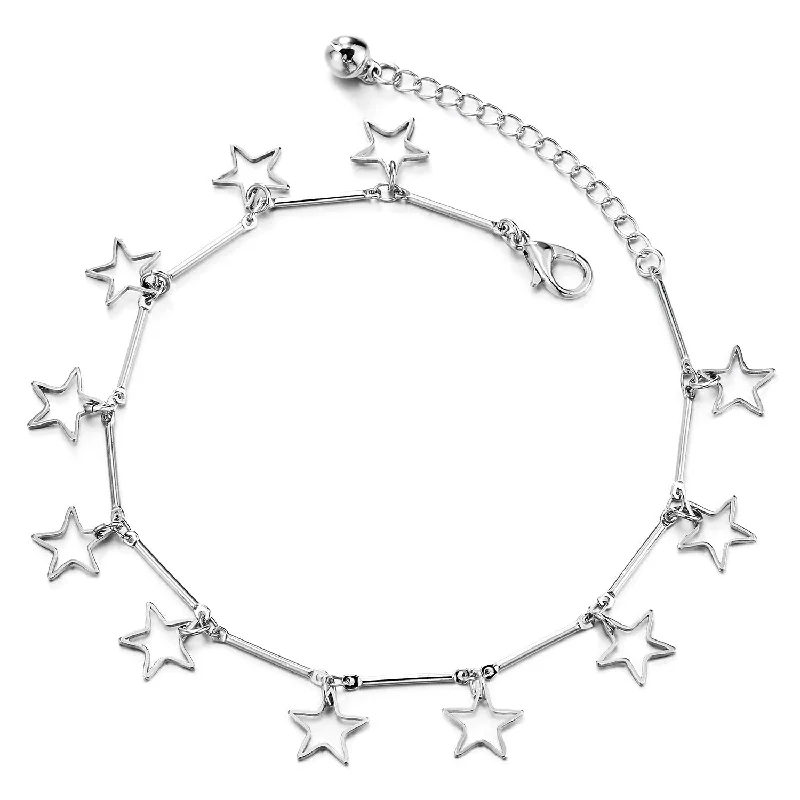 women smooth bangles -Anklet Bracelet with Dangling Charm of Open Pentagram Stars and Jingle Bell, Adjustable