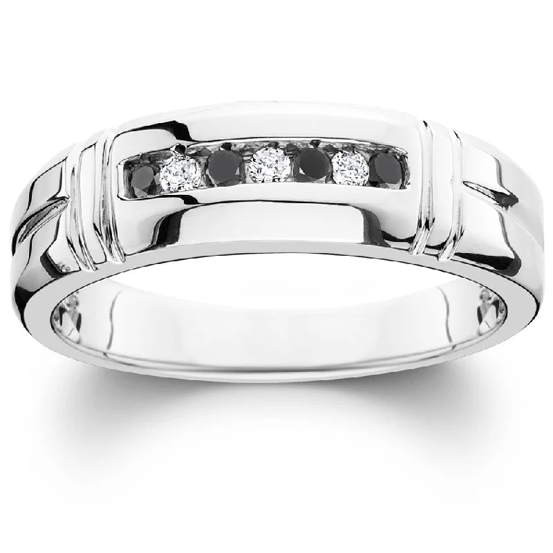 women vintage-style engagement rings -1/3ct Black & White Diamond Mens Wedding Ring 10K White Gold