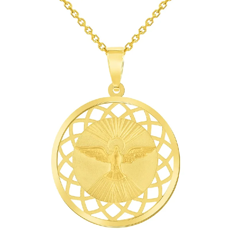 women simple pendant necklaces -14k Yellow Gold Holy Spirit Dove Religious Round Open Ornate Medal Pendant Necklace