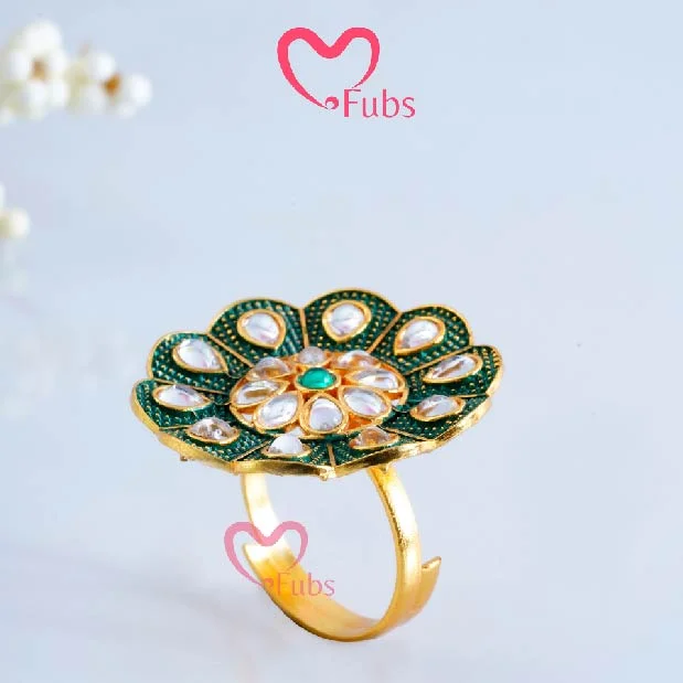 women wide band rings -Pearlescent Kundan Flower Ring