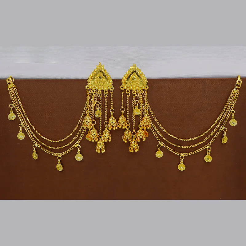 women gold drop earrings -Mahavir  Gold Plated Jhumki Earrings With Kan Chain