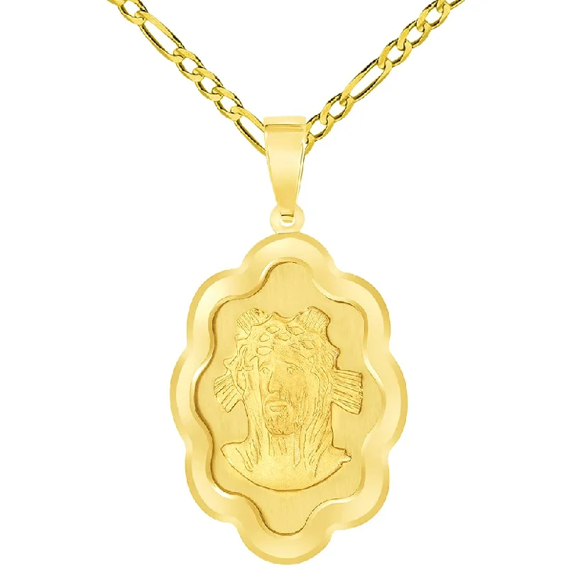 women delicate necklaces -14k Yellow Gold Holy Face of Jesus Christ On Elegant Miraculous Medal Pendant with Figaro Chain Necklace