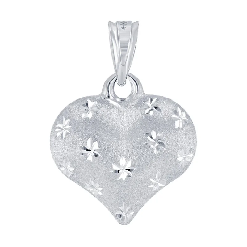 women engraved gold necklaces -Polished 14K White Gold Satin Heart with Star Texture Charm Pendant