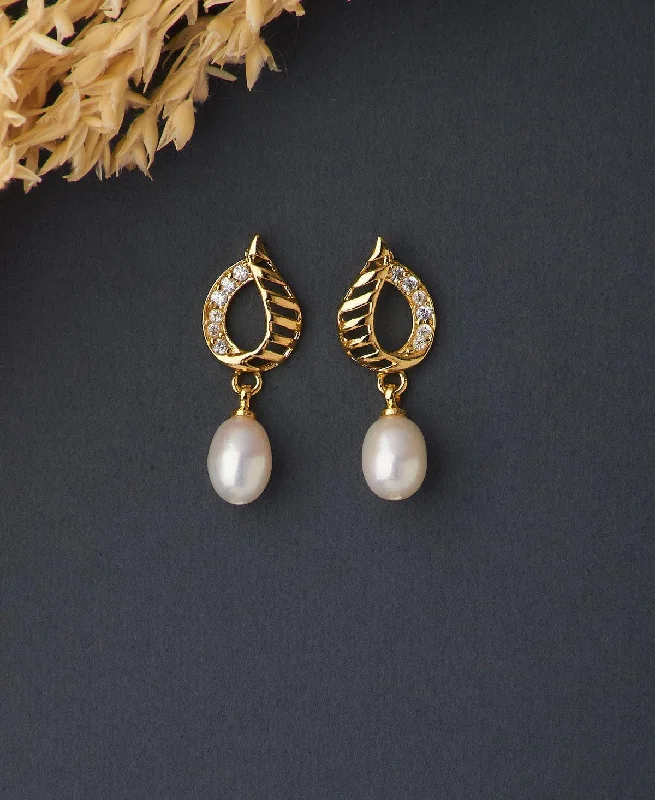 women long dangling earrings -Leaf Real Pearl Hanging Earring