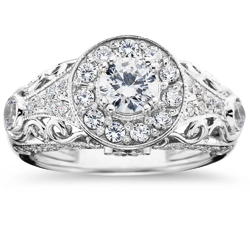 women luxury engagement ring sets -1 1/2ct Vintage Diamond Engagement Ring 14K White Gold