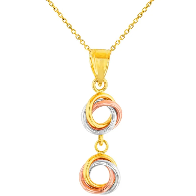 women halo necklaces -Solid 14K Tri-Color Gold Double Love Knot Charm Dangling Pendant Necklace