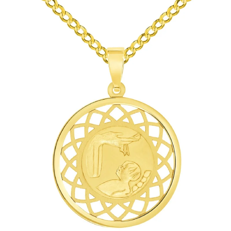 women pearl necklaces -14k Yellow Gold Religious Baptism Christening Ornate Medal Pendant with Cuban Chain Curb Necklace