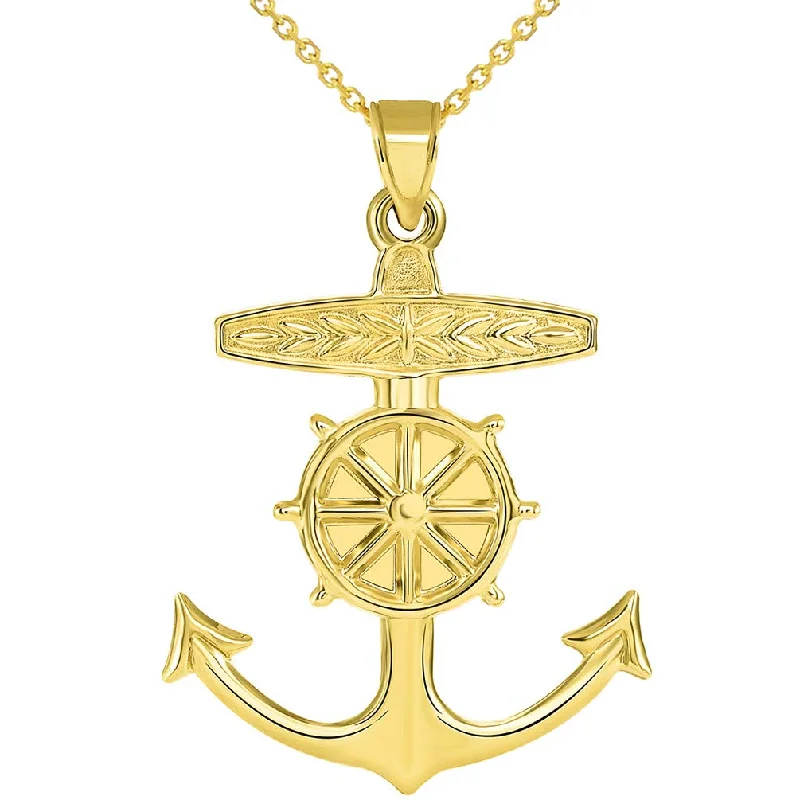 women custom necklaces -14k Yellow Gold 3D Ship Anchor and Wheel Nautical Pendant Necklace