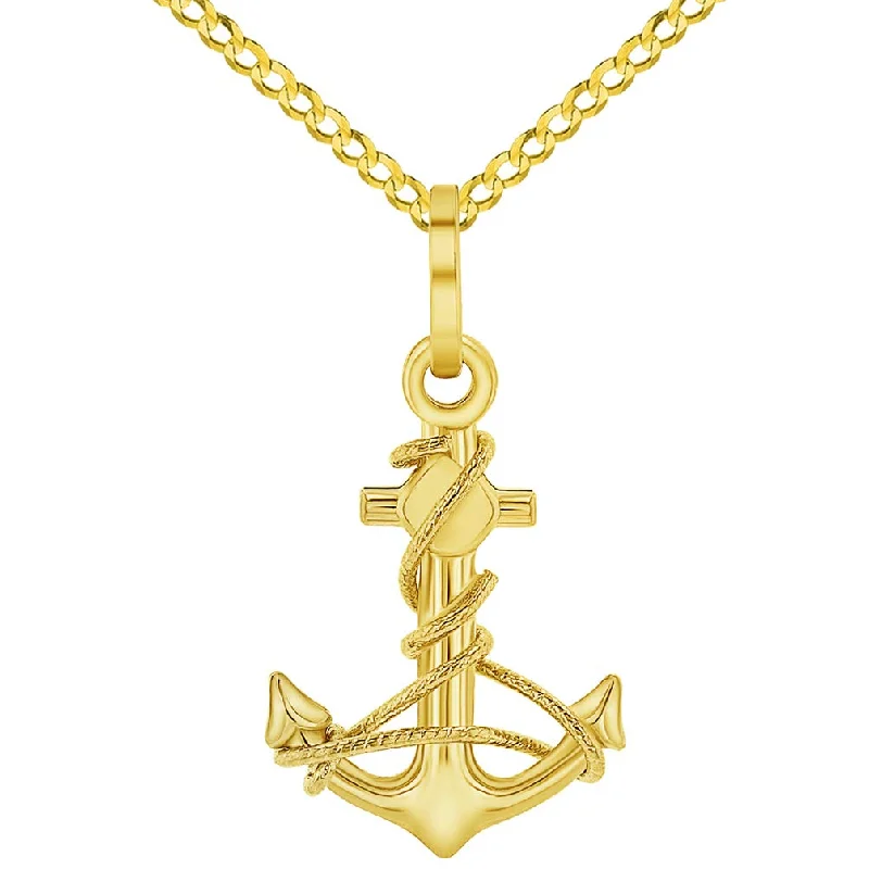 women butterfly pendant necklaces -Solid 14K Yellow Gold Polished Navy Anchor with Rope Charm Pendant with Curb Chain Necklace