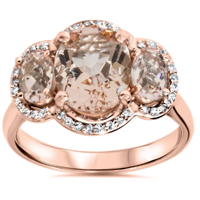 women diamond-accent engagement rings -2 3/4ct Morganite 3 Stone Diamond Oval Halo Ring 14K Rose Gold