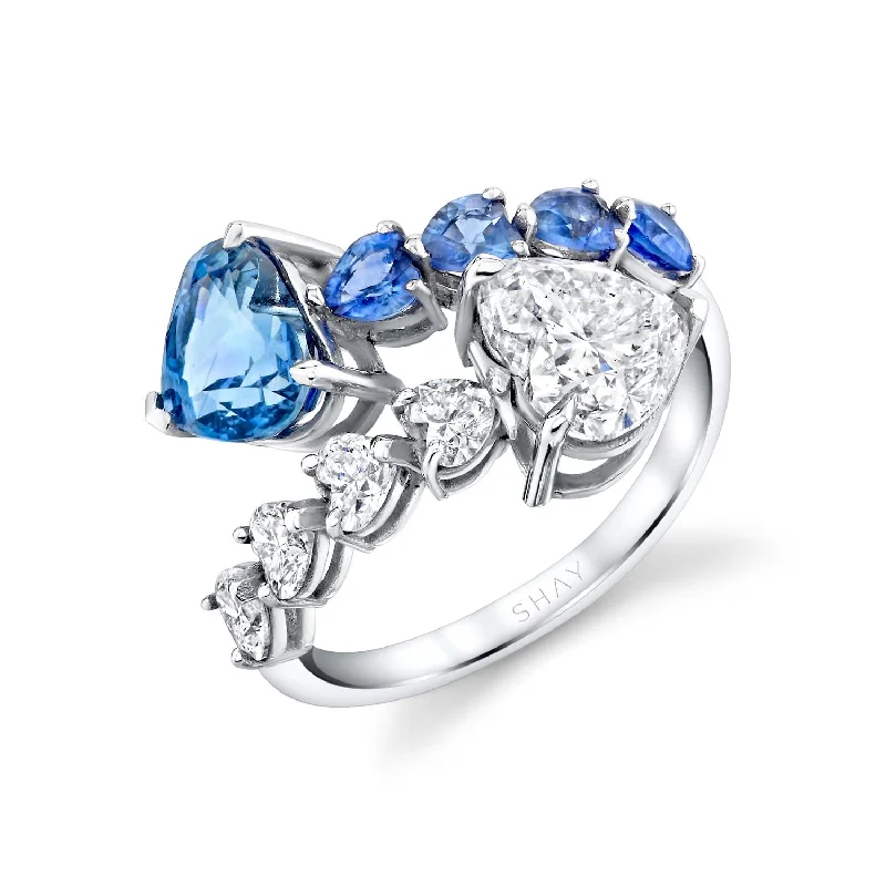 women art deco rings -CEYLON BLUE SAPPHIRE & DIAMOND &  HEART BYPASS RING