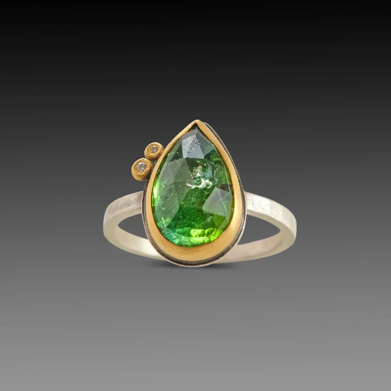 women gemstone rings -Tourmaline Teardrop Ring with Diamonds