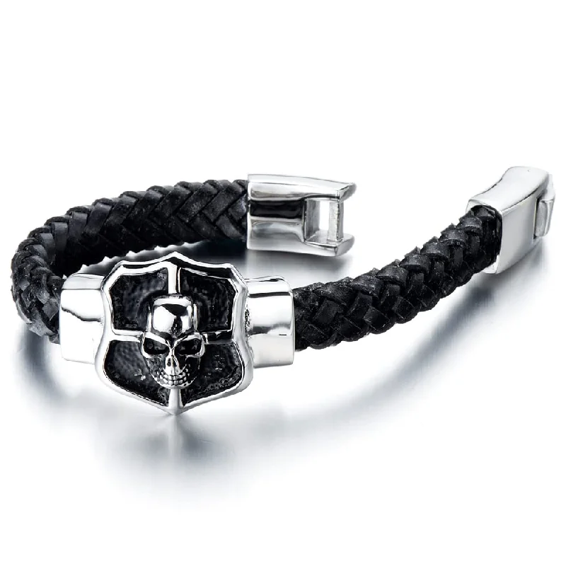 women hammered bangles -Mens Large Skull Leather Bracelet in Stainless Steel and Genuine Leather Straps 9 Inch Gothic Style