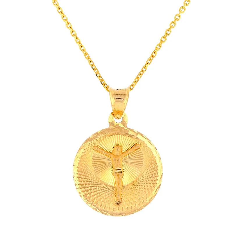 women round pendant necklaces -JewelryAmerica Polished 14k Yellow Gold Textured Jesus Christ Crucifix Medallion Pendant Necklace