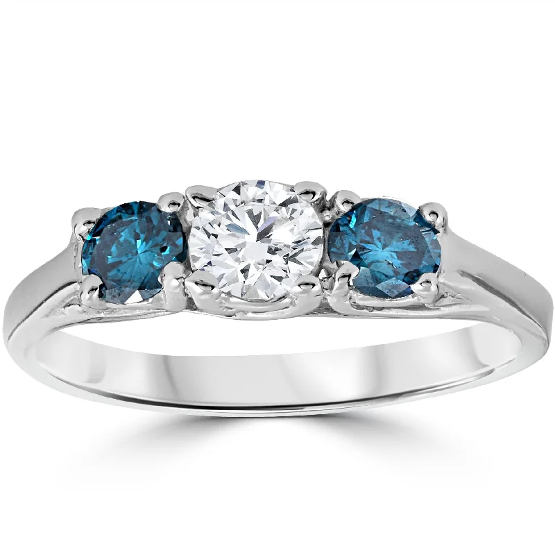 women sapphire solitaire engagement rings -3/4ct 3 Stone Blue & White Diamond Trellis Engagement Ring 14K White Gold