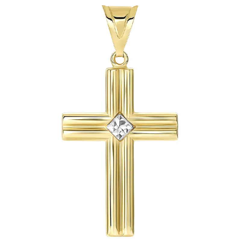 women diamond pendant necklaces -14k Yellow Gold Textured & Plain Reversible Religious Two-Tone Cross Pendant