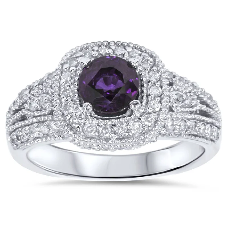 women colorful gemstone engagement rings -1 1/2ct Vintage Amethyst & Diamond Halo Ring 14K White Gold