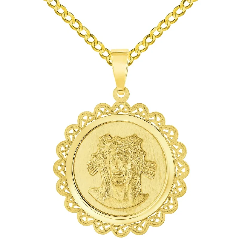 women halo necklaces -14k Yellow Gold Holy Face of Jesus Christ On Round Ornate Miraculous Medal Pendant with Cuban Chain Curb Necklace