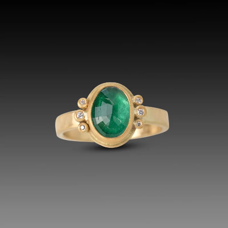 women halo rings -Oval Emerald Ring With Diamond Trios