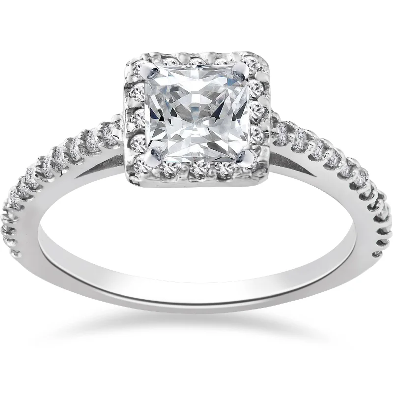 women vintage-style engagement rings -1ct Princess Cut Pave Halo Diamond Engagement Ring 14K White Gold