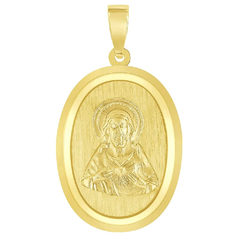 women custom charm necklaces -14k Yellow Gold Sacred Heart of Jesus Christ On Oval Miraculous Medal Pendant (1")