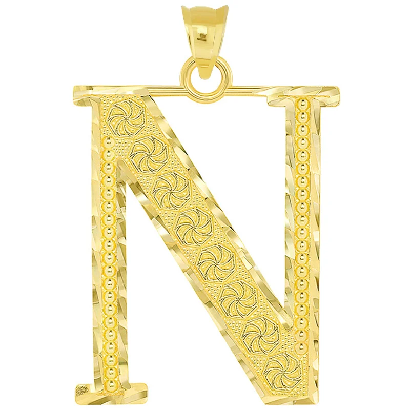 women silver necklaces -14k Yellow Gold Textured Uppercase Initial N Letter Pendant with Eternity Symbols 1 inch