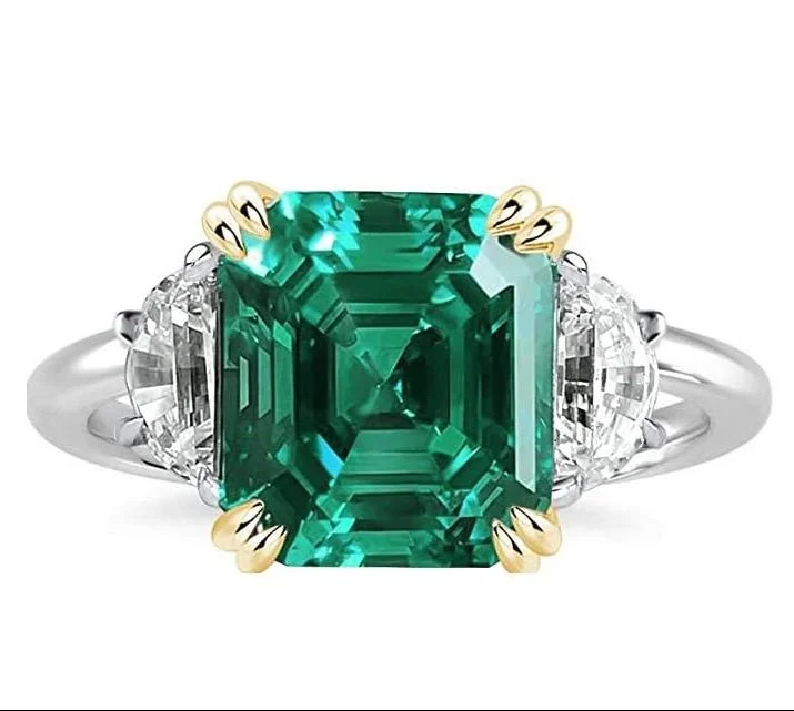 women romantic engagement rings -4.5ct Simulated Paraiba Tourmaline Asscher Cut Three Stone Engagement Ring