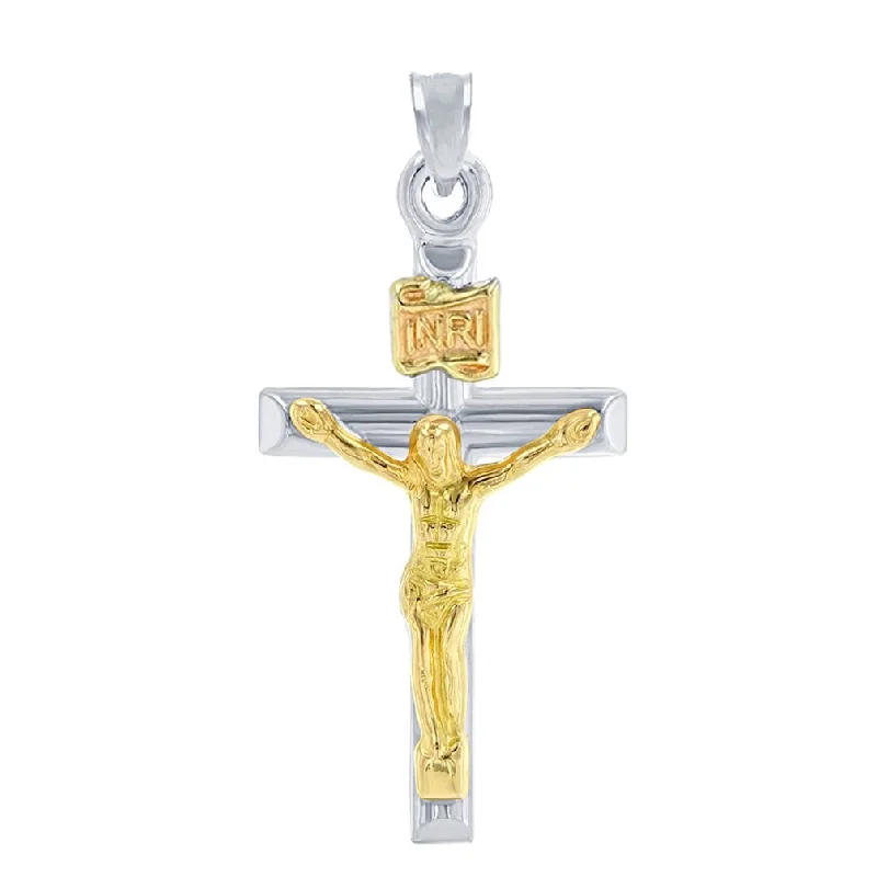 women gold necklaces -14K White Gold Small Two Tone INRI Cross Jesus Crucifix Pendant